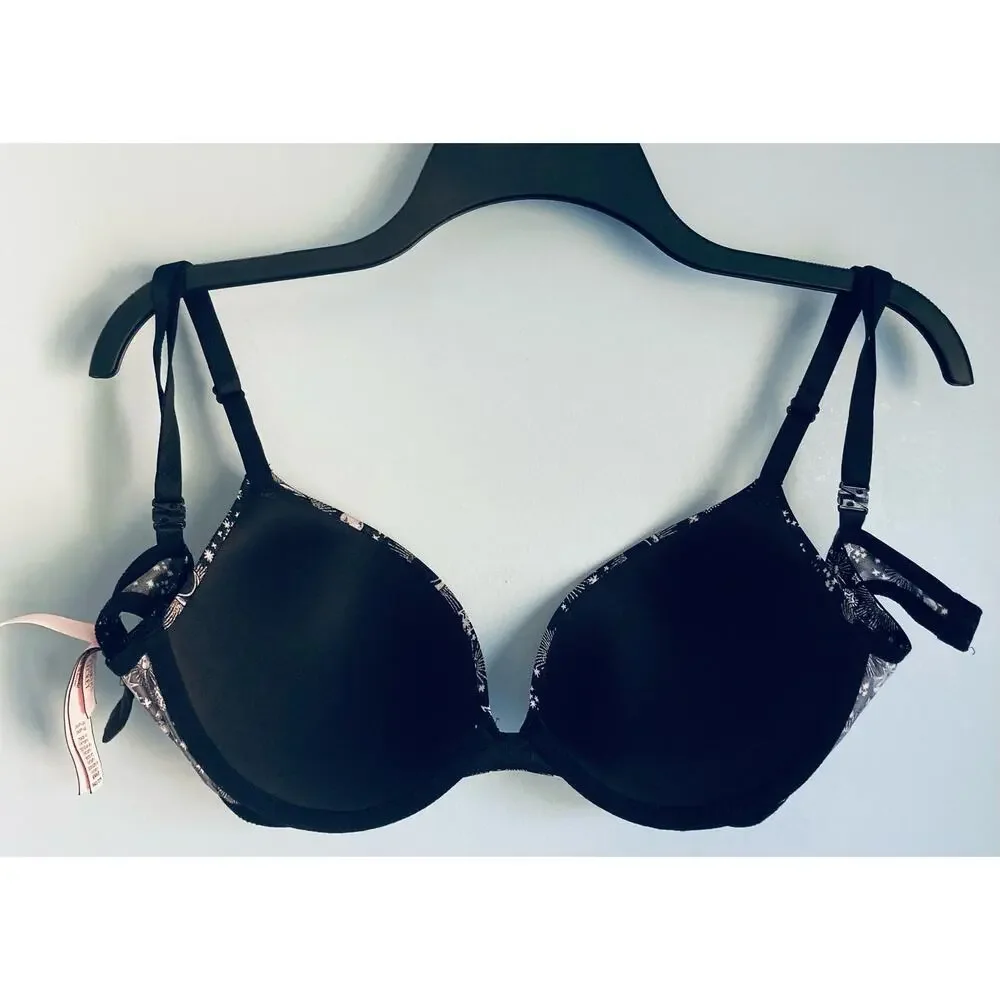 Victoria's Secret Push Up Bra 34D Black and White NWOT Moon Stars